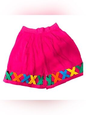 Vintage 80’s Confession Hot Pink High-Waist Shorts with Multicolor Woven Trim
